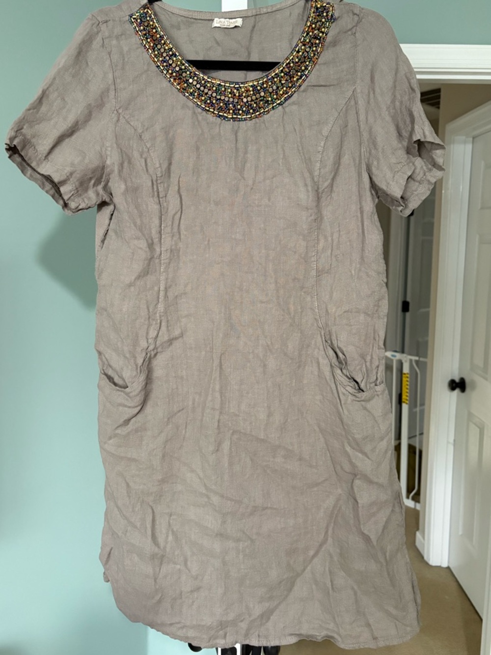 Lina Tomei Made in Italy 100% Linen Round Neck Sleeveless Shift Dress Medium